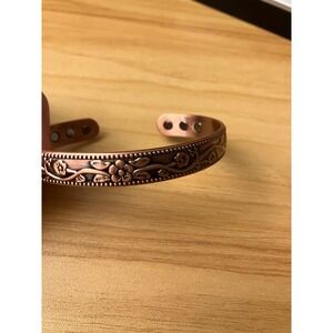 Copper Magnetic Therapy Cuff Bracelet Floral Embossed Wellness Bangle Adjustable